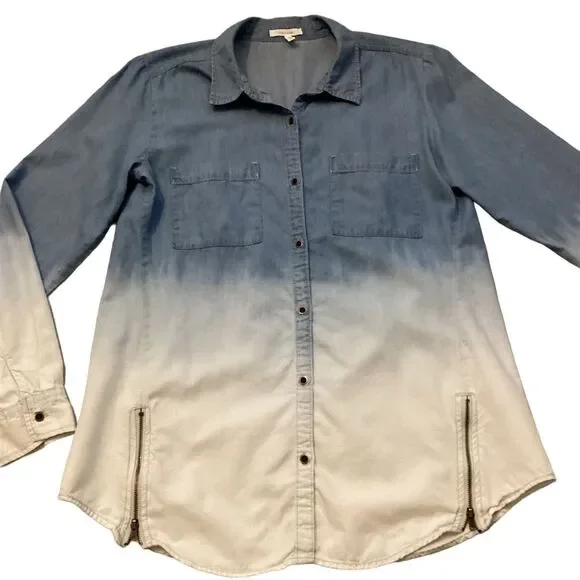 Maurices Women's Size M Blue Ombré Button-Up Tunic Top Long Sleeve Casual - Picture 2 of 10